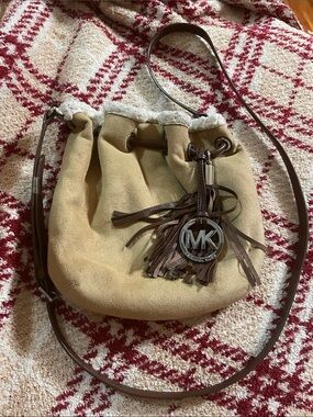Michael Kors Tan Suede Drawstring Crossbody with Dark Brown Trim